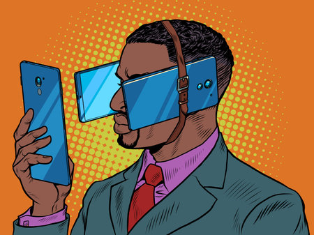 Black man with smartphone. Dependence on gadgets. The phone prevents you from seeingのイラスト素材