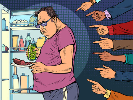 Fat man at the refrigerator. Others condemn a person for his dependence on food. Shameのイラスト素材