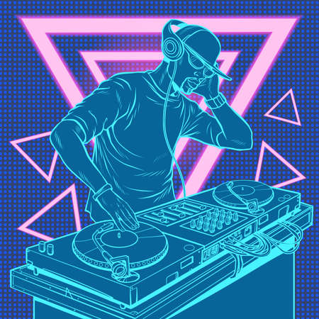 dj on vinyl turntables. concert music performanceのイラスト素材