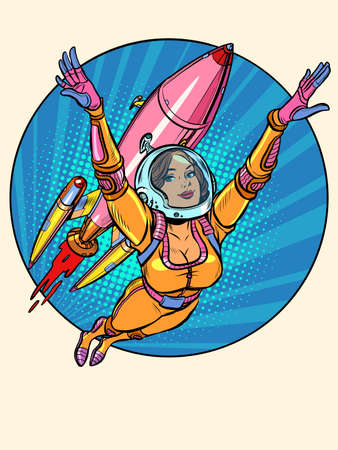 A girl astronaut is flying with a space rocket. Science fictionのイラスト素材