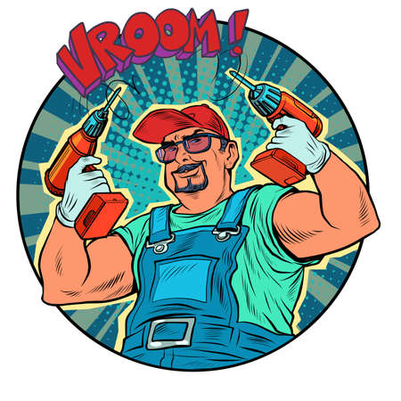 A male worker with a drill. Carpenter or builder, repair. Home power toolsのイラスト素材