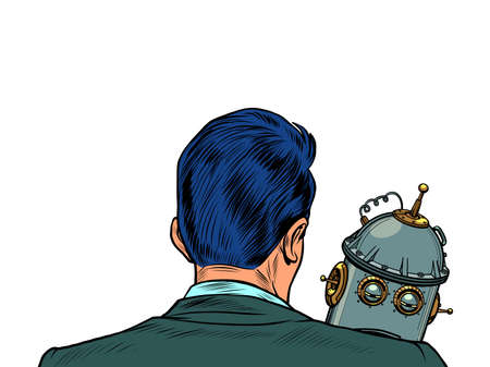 An emotional robot is sad on the shoulder of its creator. Engineer and product. Artificial intelligence and humanityのイラスト素材