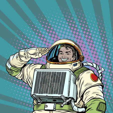 The joyful astronaut salutes, the cosmonaut captain. Soldier of the Universeのイラスト素材