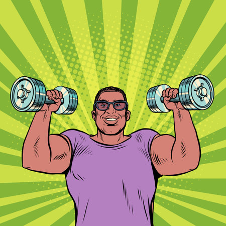 a black man lifts dumbbells, sports and health, morning exercises. Businessman daily routineのイラスト素材