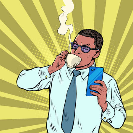 black businessman drinking morning coffee and reading smartphone, daily routineのイラスト素材