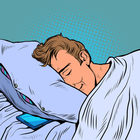 A white man sleeps in a bed on a pillow, night. Businessman daily routineのイラスト素材