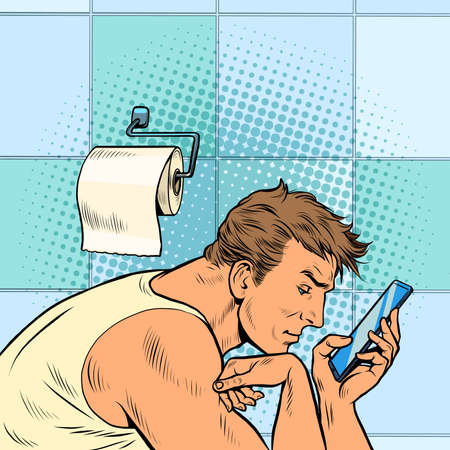 a man looks at the phone in the toilet. Morning reading of work mail. Businessman daily routineのイラスト素材