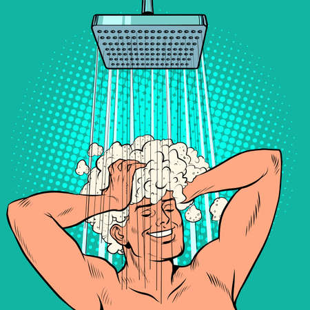 a man washes his hair in the shower. Businessman daily routineのイラスト素材