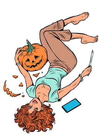 A beautiful woman carves a Halloween pumpkin. Isolate on a white background. Autumn holidayのイラスト素材