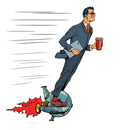 A futuristic businessman rides an electric unicycle, a man drinks morning coffee. Isolate on a white backgroundのイラスト素材