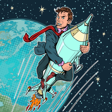 A businessman flies on a rocket, a startupのイラスト素材