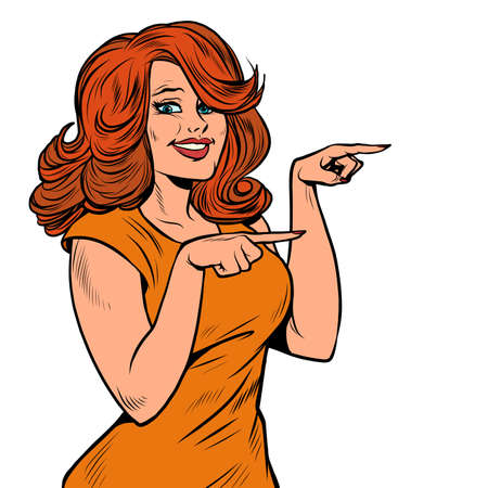 The woman points with her finger. A presentation gesture. Beautiful girlのイラスト素材