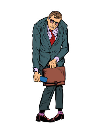 Sad businessman with a portfolio. Hard work, emotions and stressのイラスト素材