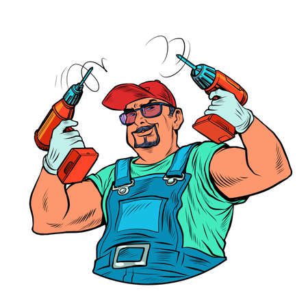 A male worker with a drill. Carpenter or builder, repair. Home power toolsのイラスト素材