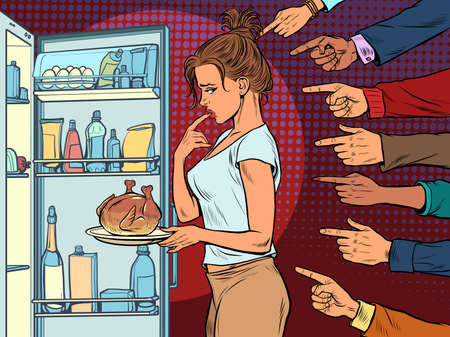 Woman with fried chicken or turkey, weight loss diet. shame condemnation of othersのイラスト素材