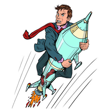 A businessman flies on a rocket, a startupのイラスト素材