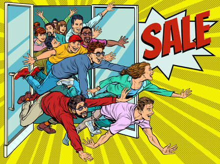 Crowd of people sale, discounts. Stampede danger, a lot of people, excitement panicのイラスト素材