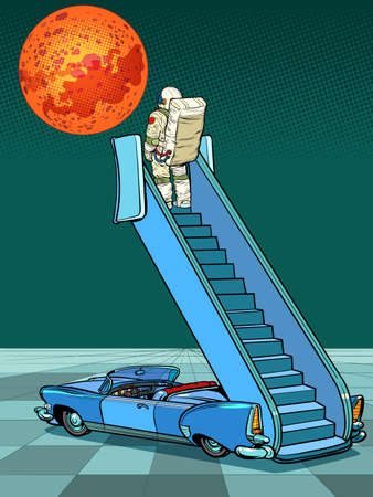 Astronaut on Mars. Flights into space. A man in a spacesuit on the ramp at the spaceportのイラスト素材