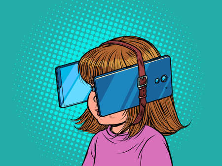 Little girl in virtual reality. Dependence on gadgets. Child and mobile smartphonesのイラスト素材