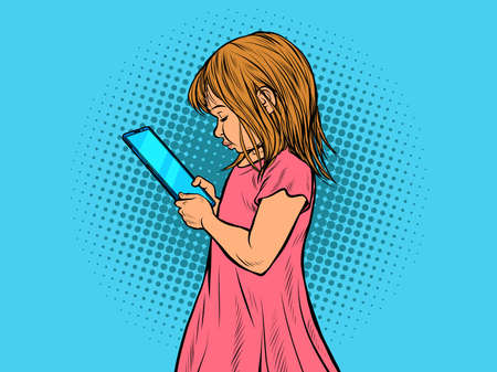 a little girl uses a smartphone. Electronic gadgets and childrenのイラスト素材