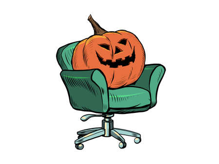 Halloween pumpkin is sitting in a chair. Isolate on a white background. Interviews, home comfort. Seasonal holidayのイラスト素材
