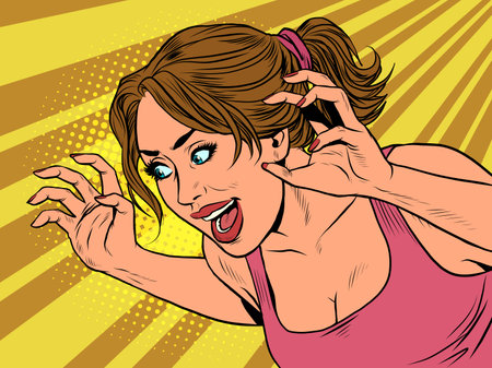 a woman is jokingly scaring, halloween pose. Emotions and fearのイラスト素材