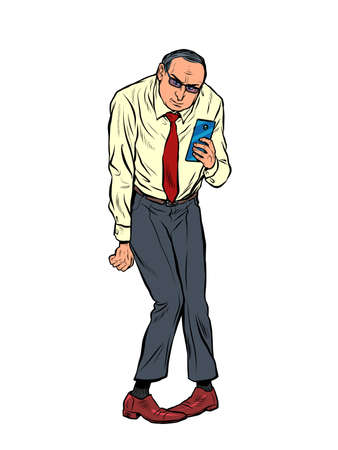 Businessman with a smartphone. A depressed person in a funny poseのイラスト素材