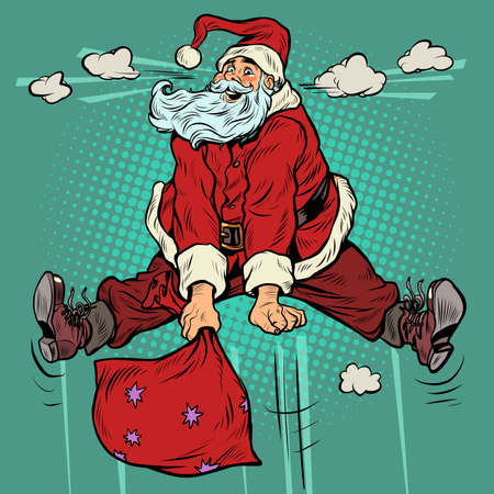 joyful Santa Claus jumps up, excess of emotions cartoon jump. Christmas holidaysのイラスト素材