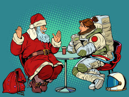 Santa Claus is on a date with a female astronaut. Restaurant or cafe. Christmas holidaysのイラスト素材