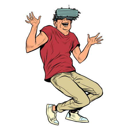 a young man in virtual reality glasses is a joy. Computer technologyのイラスト素材
