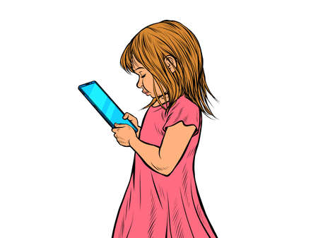 a little girl uses a smartphone. Electronic gadgets and children. Isolate on a white backgroundのイラスト素材