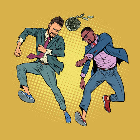 Businessmen play with money like a ball, sports football rivalry, fight for victoryのイラスト素材