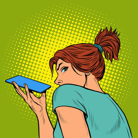a woman is talking on a smartphone on a speakerphone, holding the phone horizontallyのイラスト素材