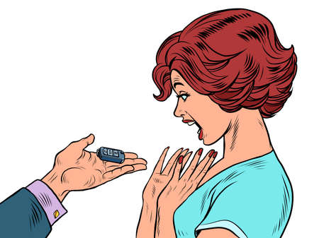 A man gives a woman car keys. A joyful girl. Passenger transportのイラスト素材