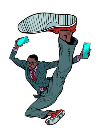 kick jump black businessman with smartphone, success energy leader. Martial arts, karate and Wushuのイラスト素材