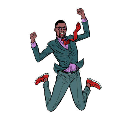 black Businessman jump of joy, victory. Successful dent. Man in a business suit in a funny pose of joyのイラスト素材