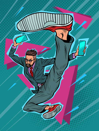 kick jump businessman with smartphone, success energy leader. Martial arts, karate and Wushuのイラスト素材