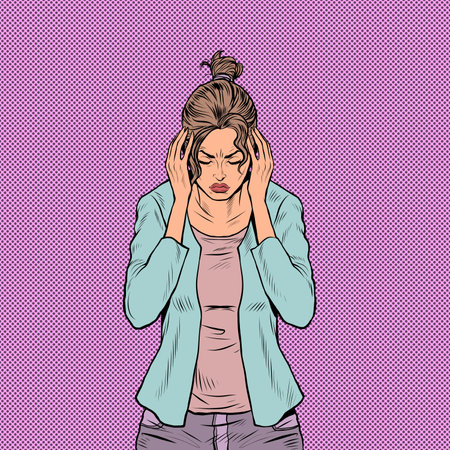 the woman is suffering headache, medical symptom migraine cancer hypertension meningitis stroke or other diseasesのイラスト素材