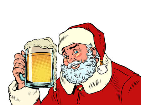 Santa Claus with a beer mug. Pub or bar, a fun party. Christmas and New Year, winter seasonal holiday in Decemberのイラスト素材