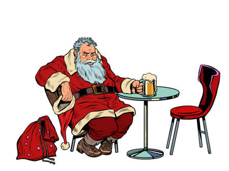 Santa Claus drinks beer at the bar, Christmas holiday after workのイラスト素材