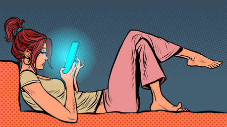 a young woman lies and watches a smartphone, the Internet and online social networksのイラスト素材