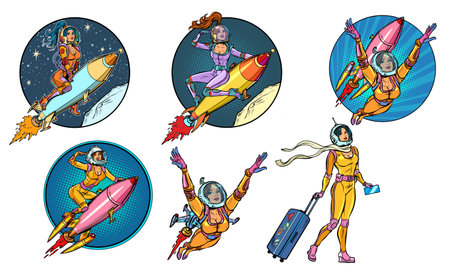 Set of female astronaut. A woman on a rocket, space tourismのイラスト素材
