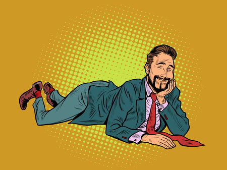 The joyful businessman is lying. Relaxed funny pose. Peace and relaxationのイラスト素材