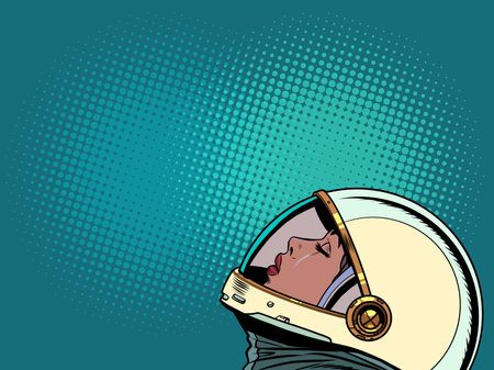 A female astronaut in a spacesuit is waiting for a kiss. Cosmic love. Parting with a loved oneのイラスト素材