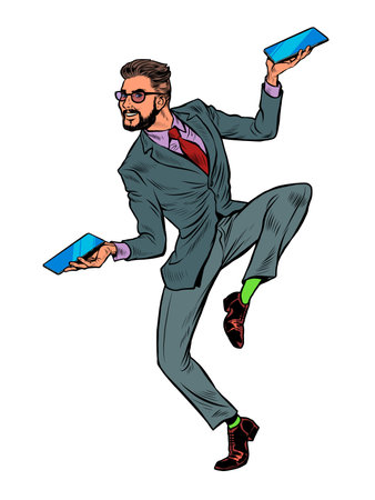 Businessman with two smartphones, funny dance pose of joyのイラスト素材