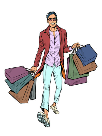 A man with shopping bags. sales in stores. The shopaholic bought a lot of goodsのイラスト素材