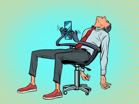 The businessman is tired and fell asleep, the robot chair continues to work for him and respond to messages in the smartphoneのイラスト素材