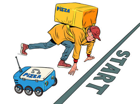 A food delivery courier competes with a robot. A man on the starting line with a mechanismのイラスト素材