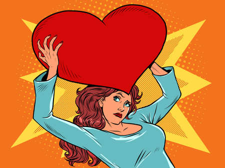 A woman carries a large red valentine heart in her arms. Romance and loveのイラスト素材