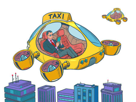 Businessman passenger. Drone air taxi, autopilot city transport. Helicopter of the future Isolate on a neutral backgroundのイラスト素材